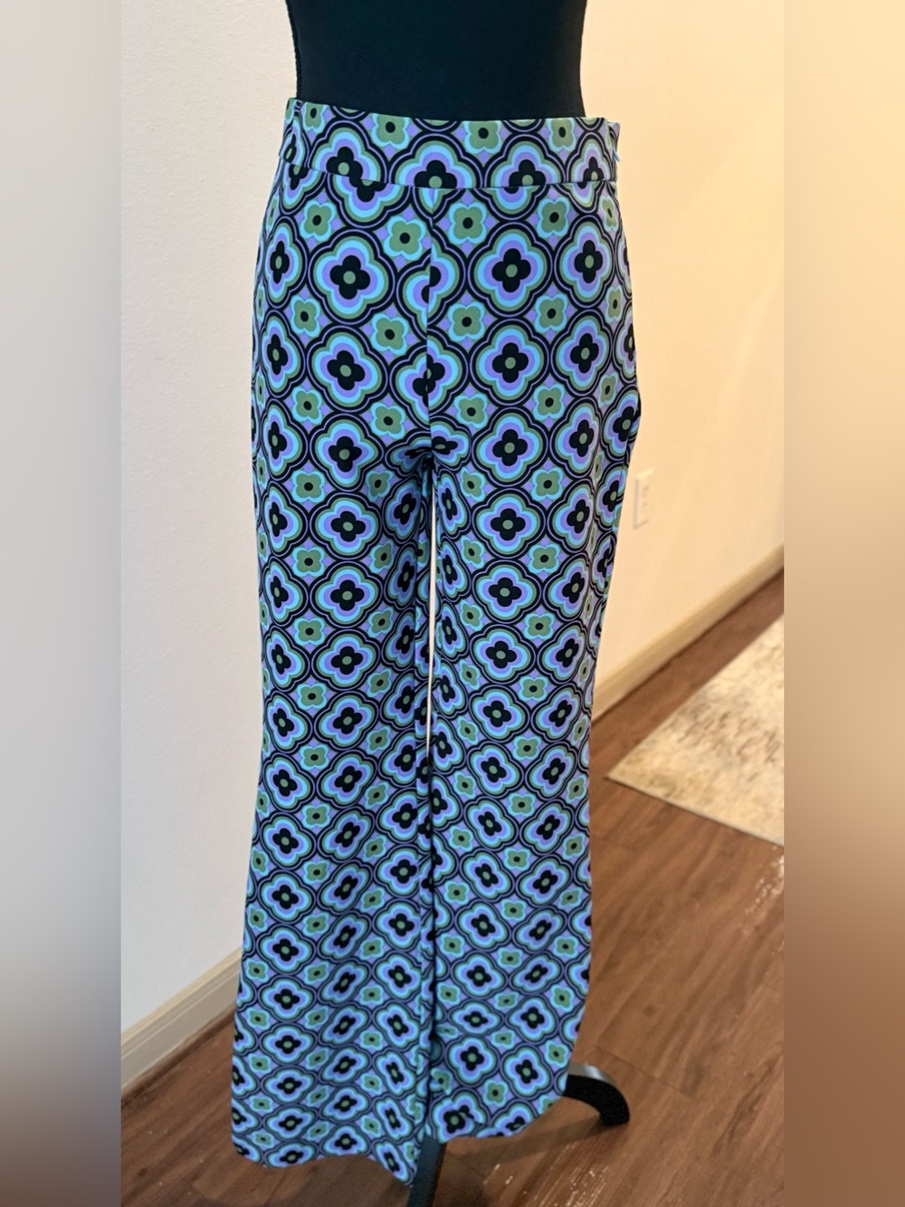 Zara Desigual Retro Floral Geo Wide-Leg Pants in Blue & Green..NWT